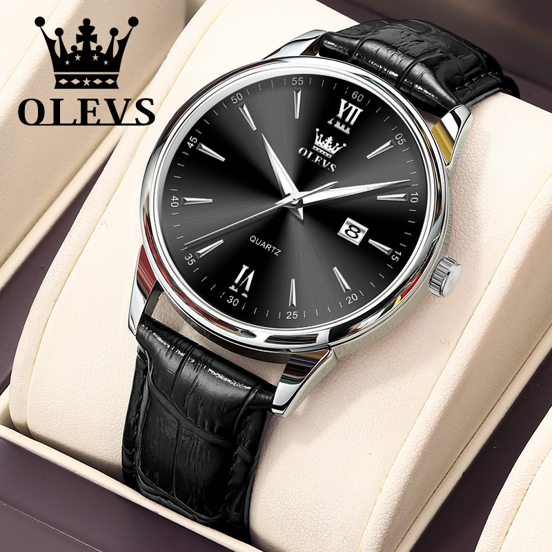 Leather Watch Band Men - OLEVS jam tangan kuarsa tali kulit